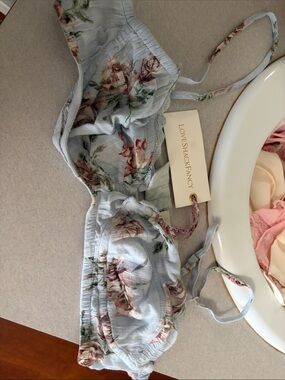 LoveShackFancy Pale Blue Rose-Print Ruffle Bralette